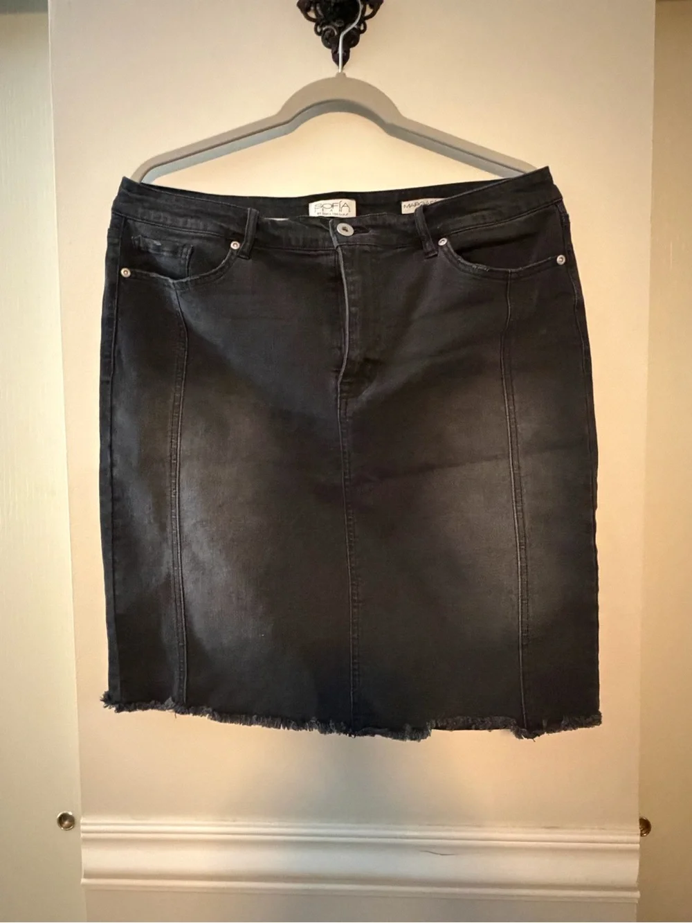 Black Denim Pencil Skirt with Frayed Hem